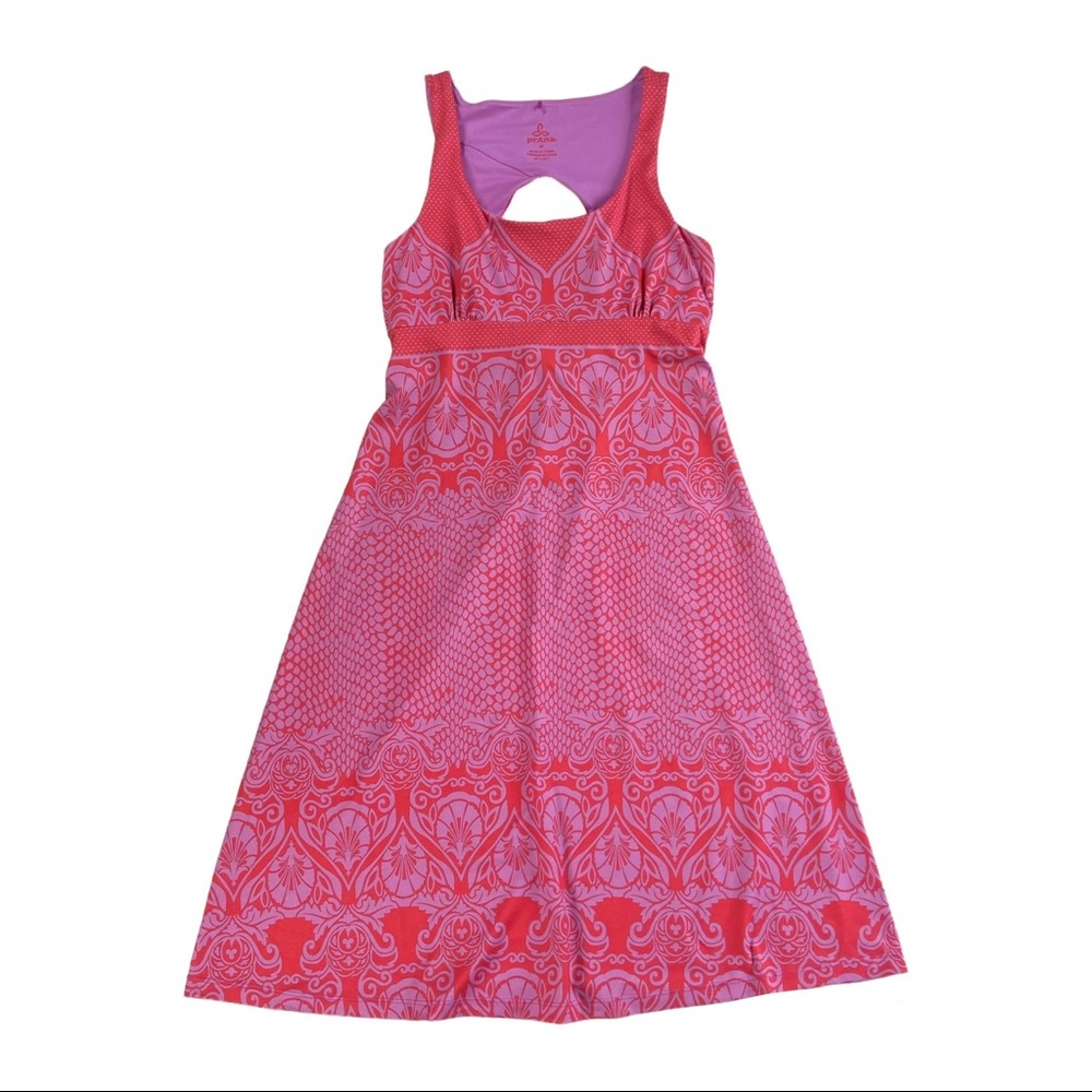 Prana Dress Women’s Medium Built in Bra Sporty Midi Red and Purple Patterned Med